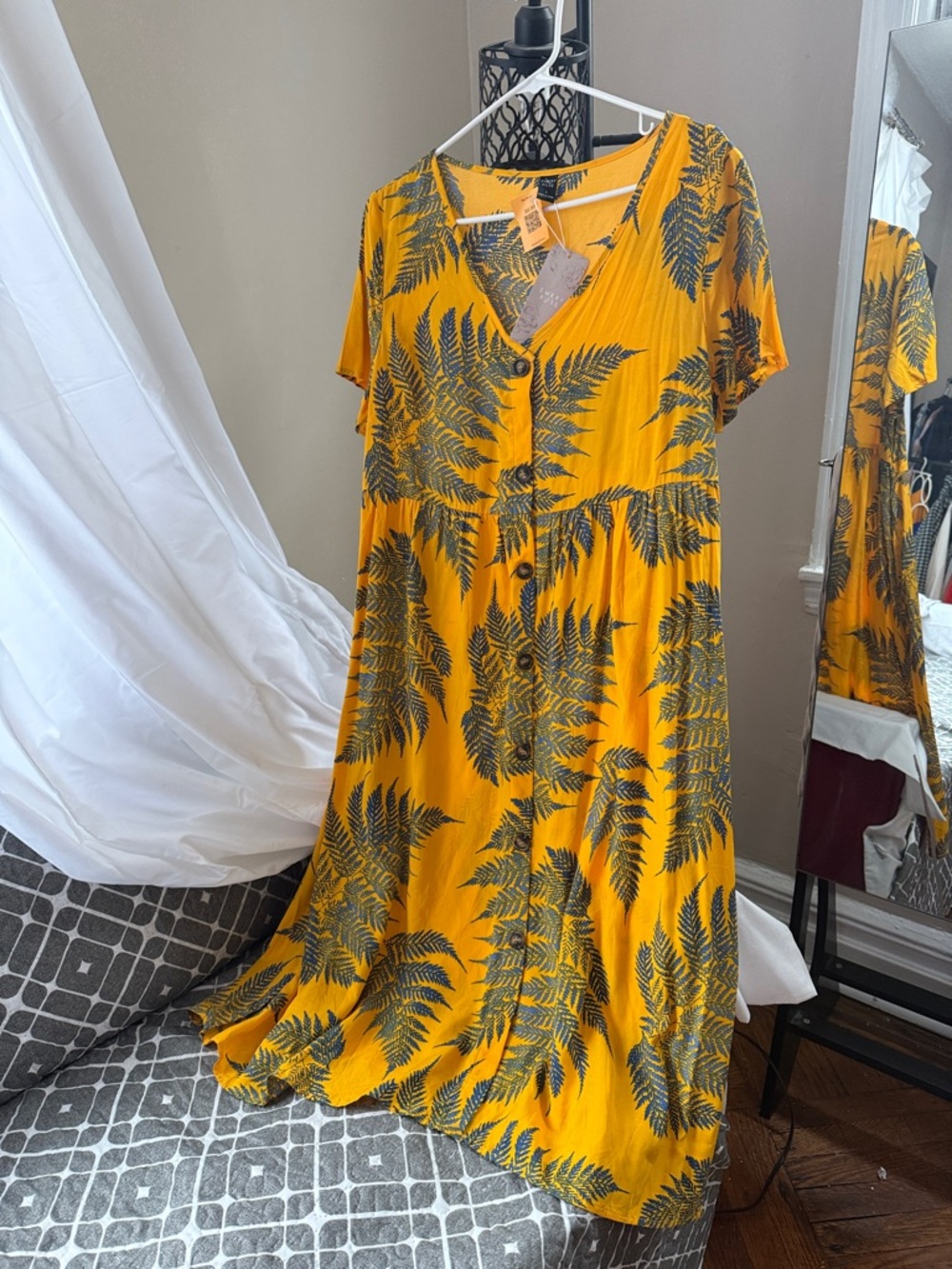 Yellow Fern-Print Maxi Dress with Button Front